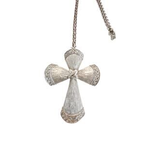 Vintage Silver Tone Cross Pendant Necklace, 1970s